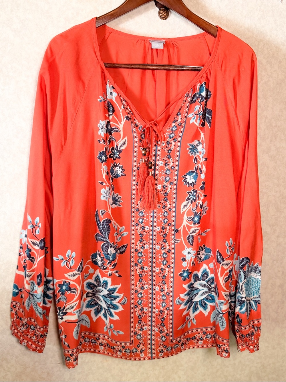 Chico’s Orange Floral Boho Beaded Blouse V-Neck Tassel Tie Front Long Sleeve XL - Picture 3 of 16
